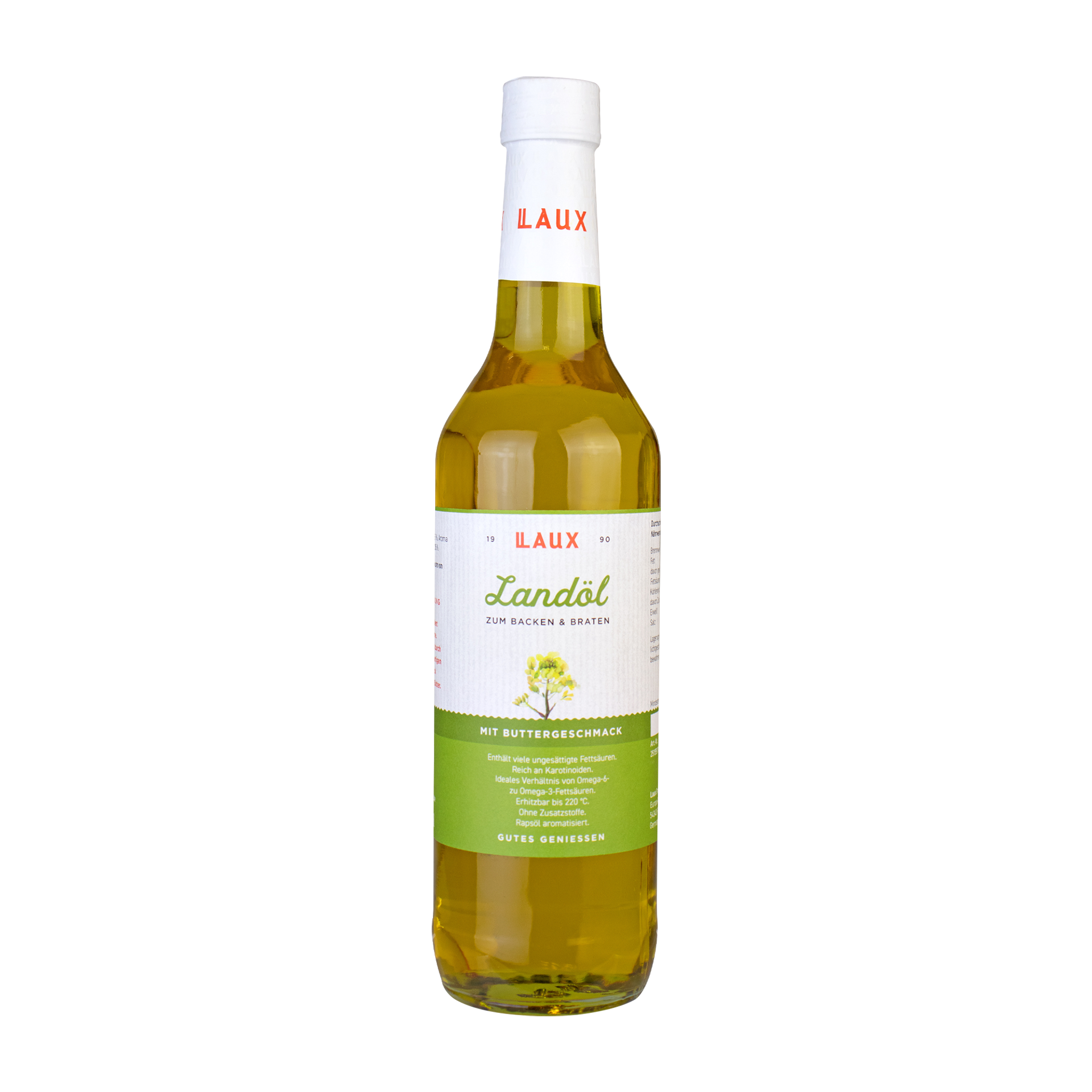 Landöl mit Buttergeschmack auf Rapsöl-Basis - 500 ml Flasche LAUX Landöl mit Buttergeschmack in 500 ml Flasche