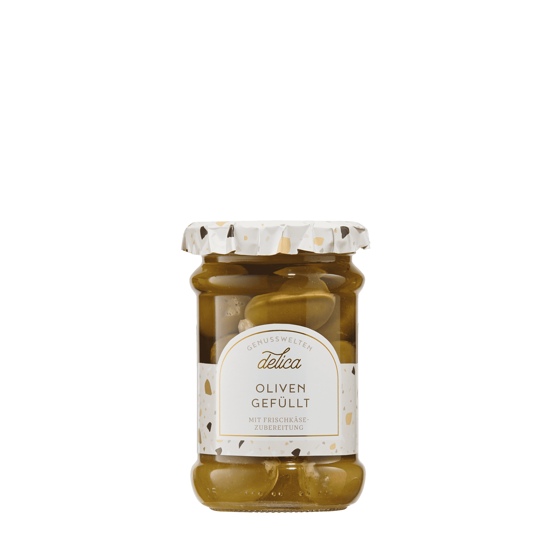 Gefüllte Oliven mit Frischkäse im Glas