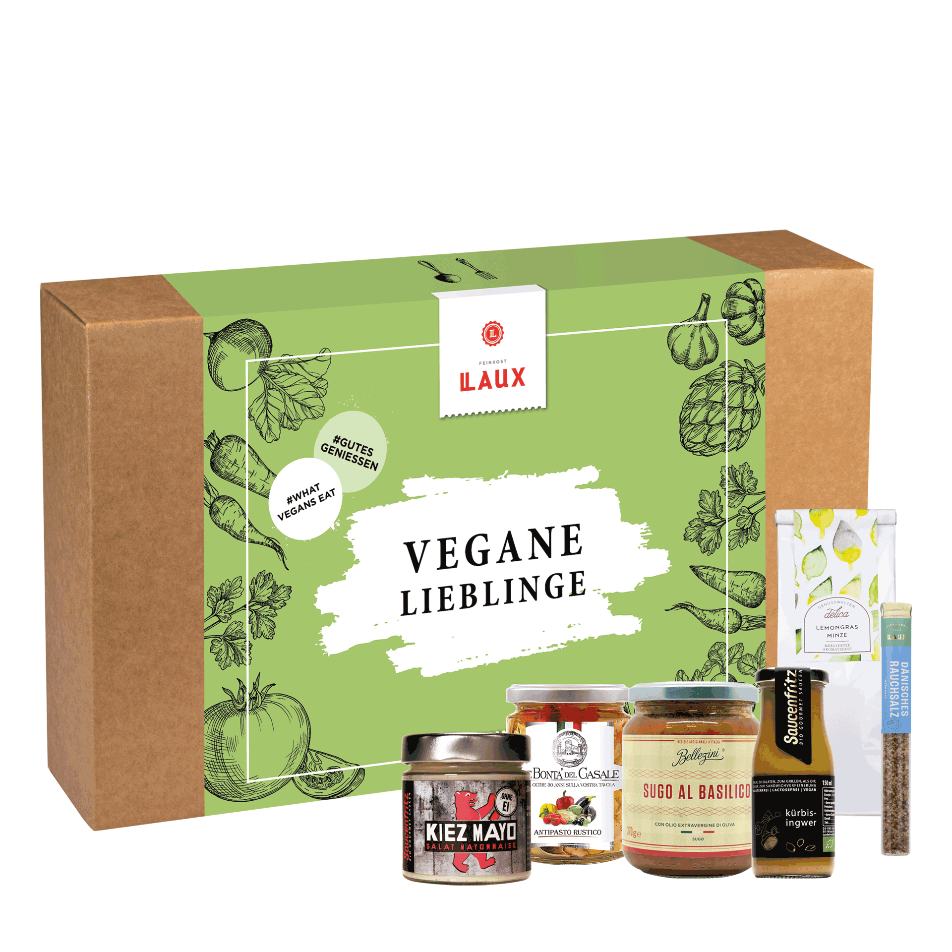 LAUX Vegane Lieblinge Geschenkset Verpackung und Produkte