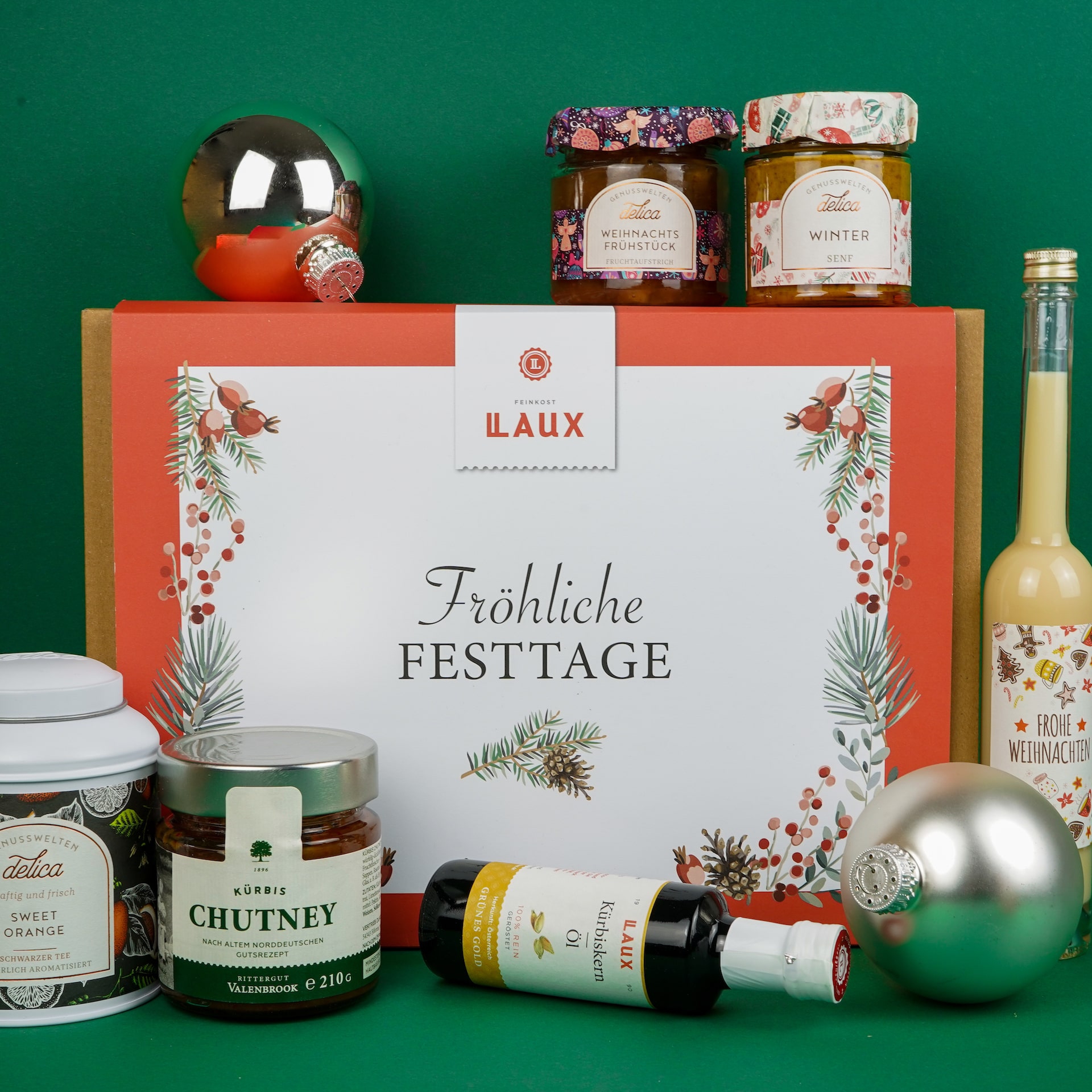 Fröhliche Festtage Geschenkset Moodbild mit Box, Inhalt und Weihnachtskugeln