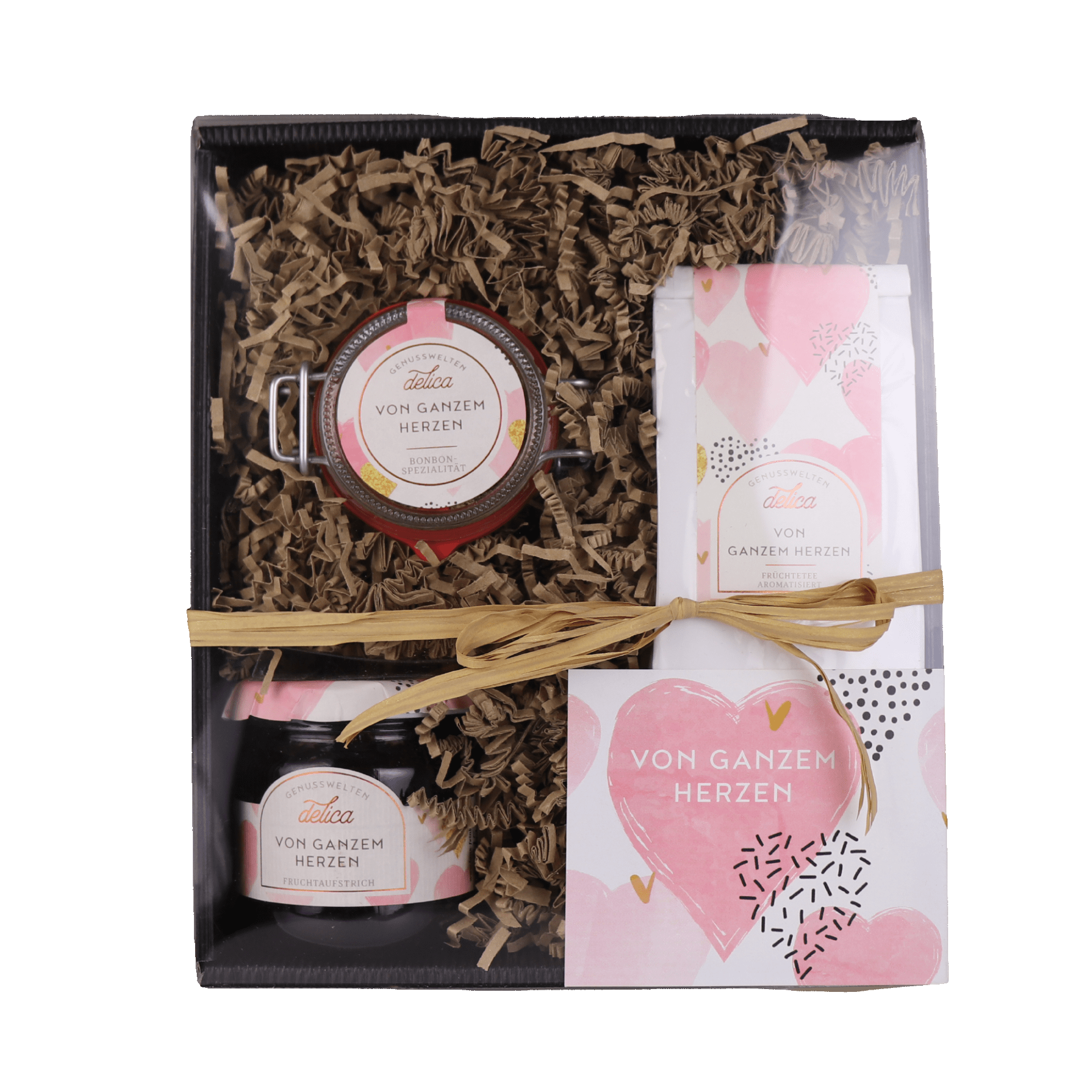 "Von ganzem Herzen" Geschenkset mit Bonbons, Tee und Fruchtaufstrich