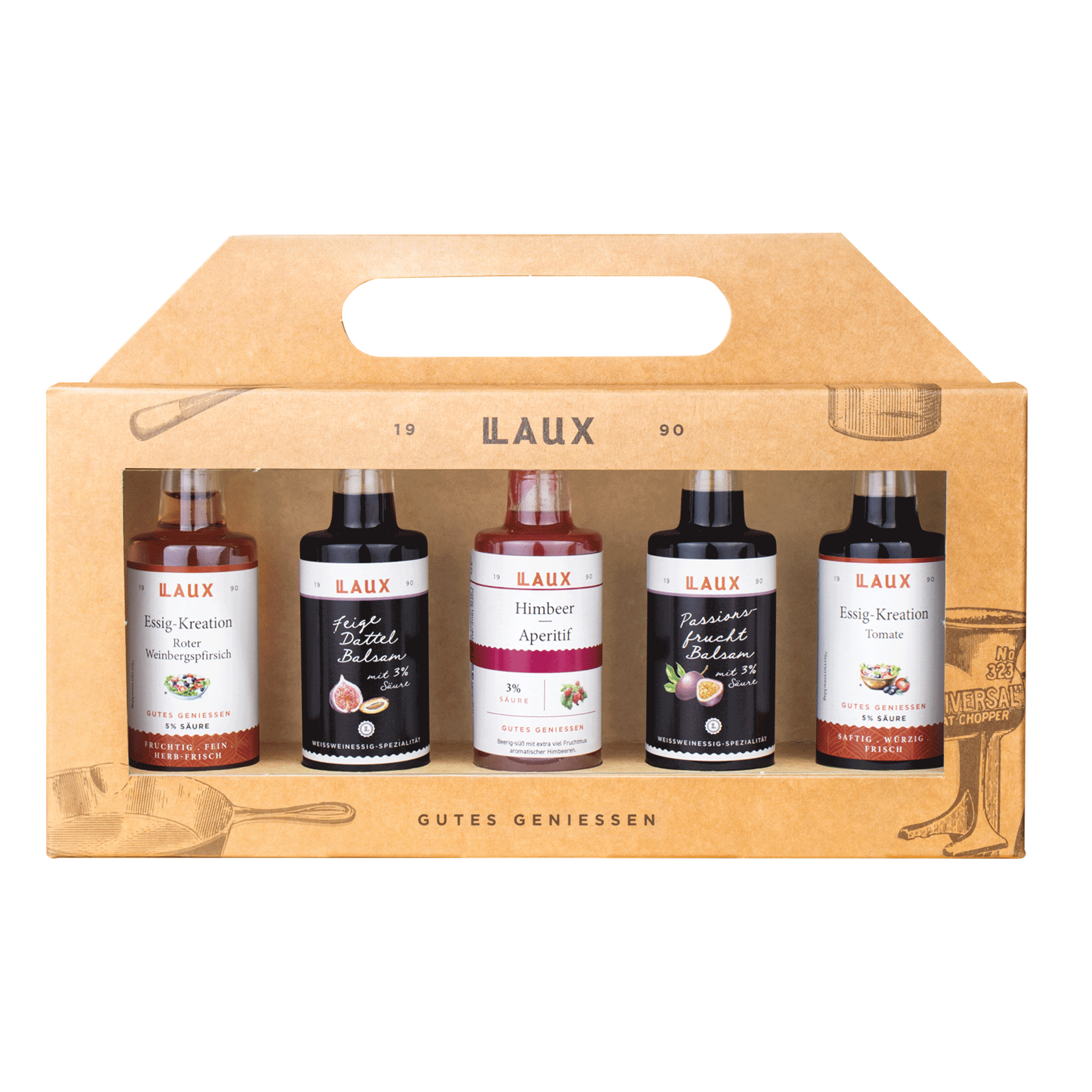 Essig Geschenkset - 5 x 40 ml in hochwertiger Geschenkverpackung Essig Geschenkset mit 5 Sorten in Karton