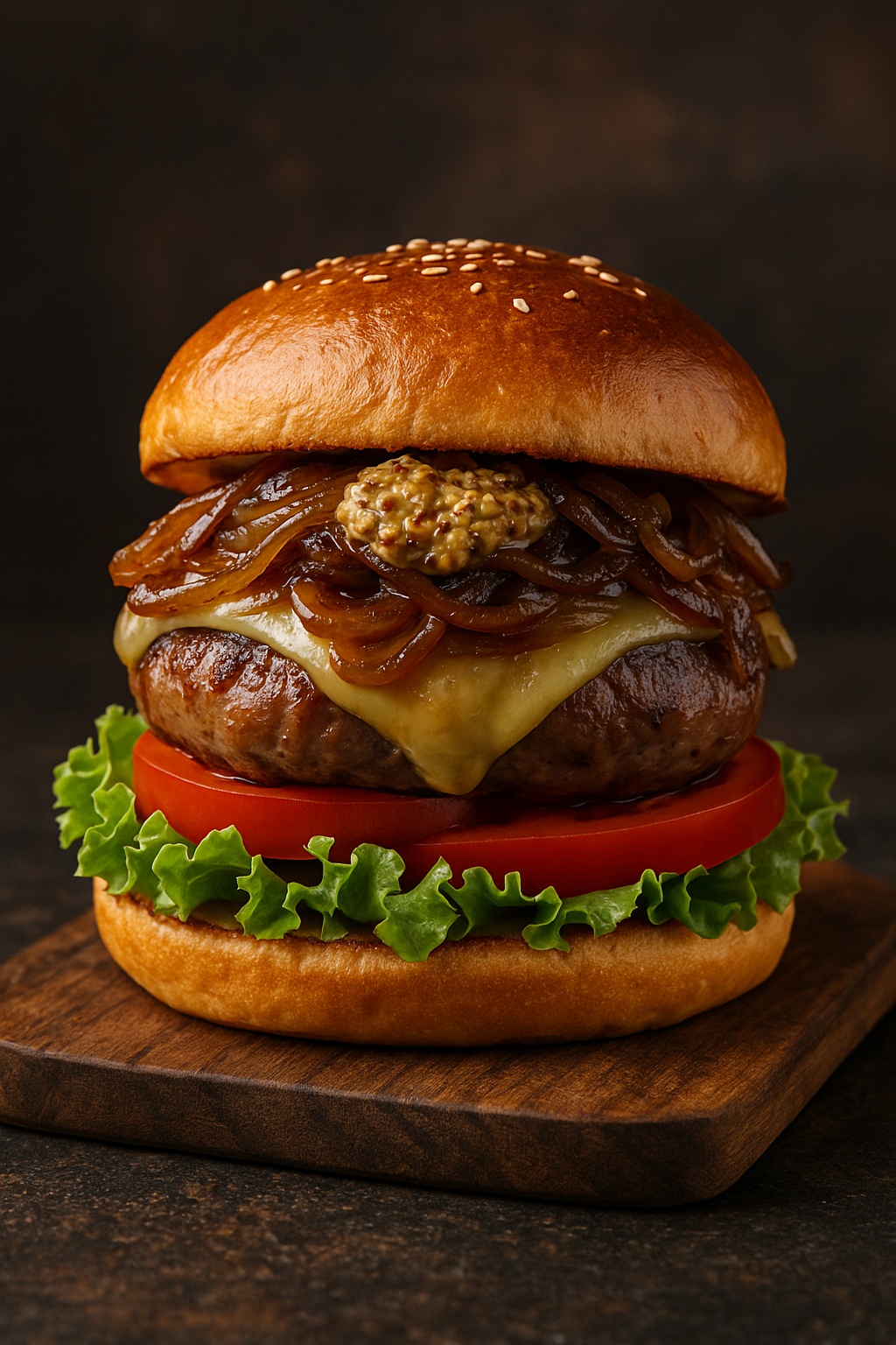 Burger mit Bratwurst-Senf & karamellisierten Zwiebeln Burger mit Bratwurst-Senf & karamellisierten Zwiebeln