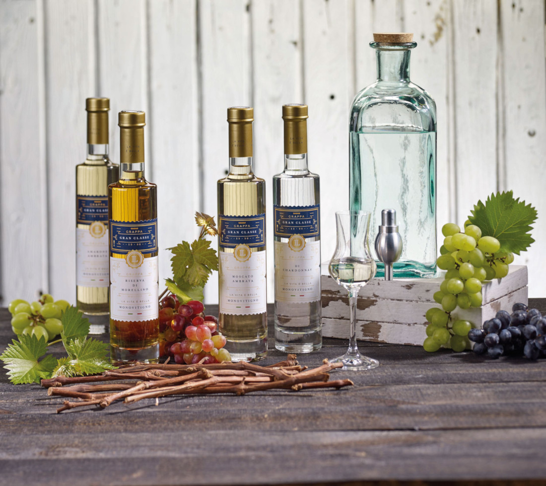 Vier Sorten LAUX Grappa auf Tisch neben Trauben