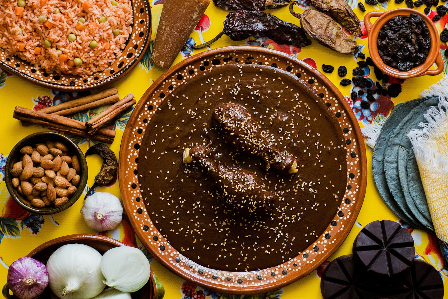 Mexikanische Mole angerichtet mit Hühnchen, Reis, Knoblauch und mehr auf mexikanischem Teller