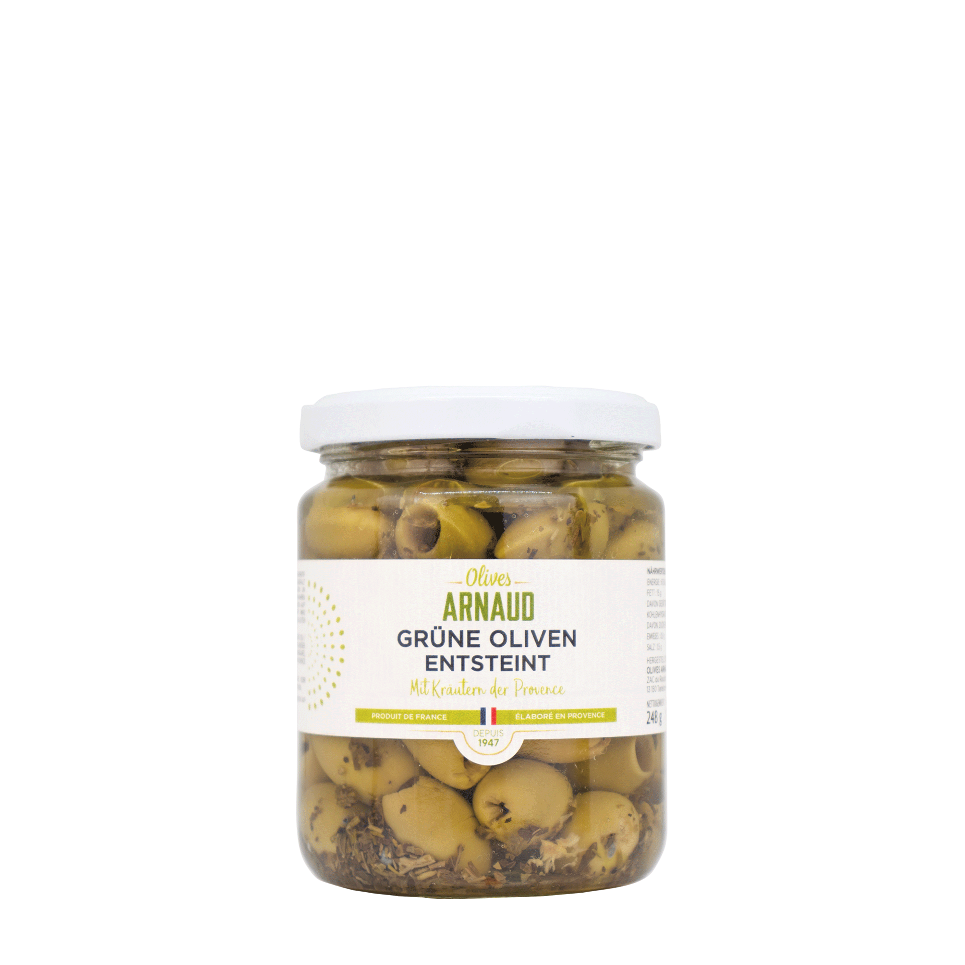Entsteinte Grüne Oliven Kräuter der Provence