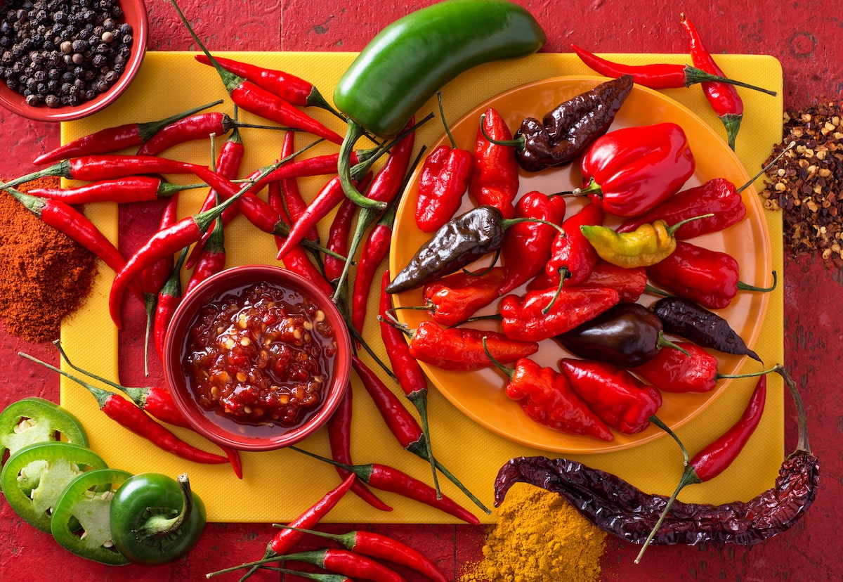Sambal Oelek in Schüssel neben Chilischoten und Paprika